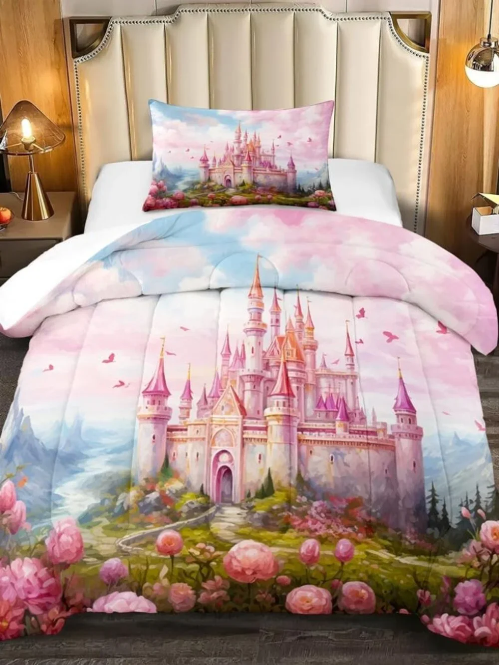 Kids Comforter Set Pink Princess Castle Printed Pattern Quilt Bedding Set with 1